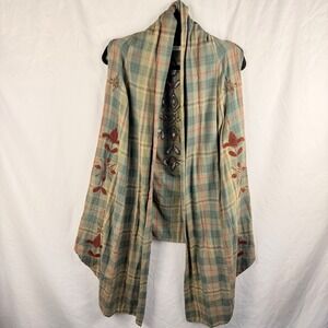 Kyla Seo Embroidered Plaid Lagenlook Vest Small‎ Green Brown Boho Fairygrunge